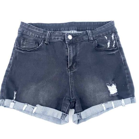 Black Jean Shorts, Distressed with Roll Hem, Large Juniors Summer Pant Short - Picture 1 of 3